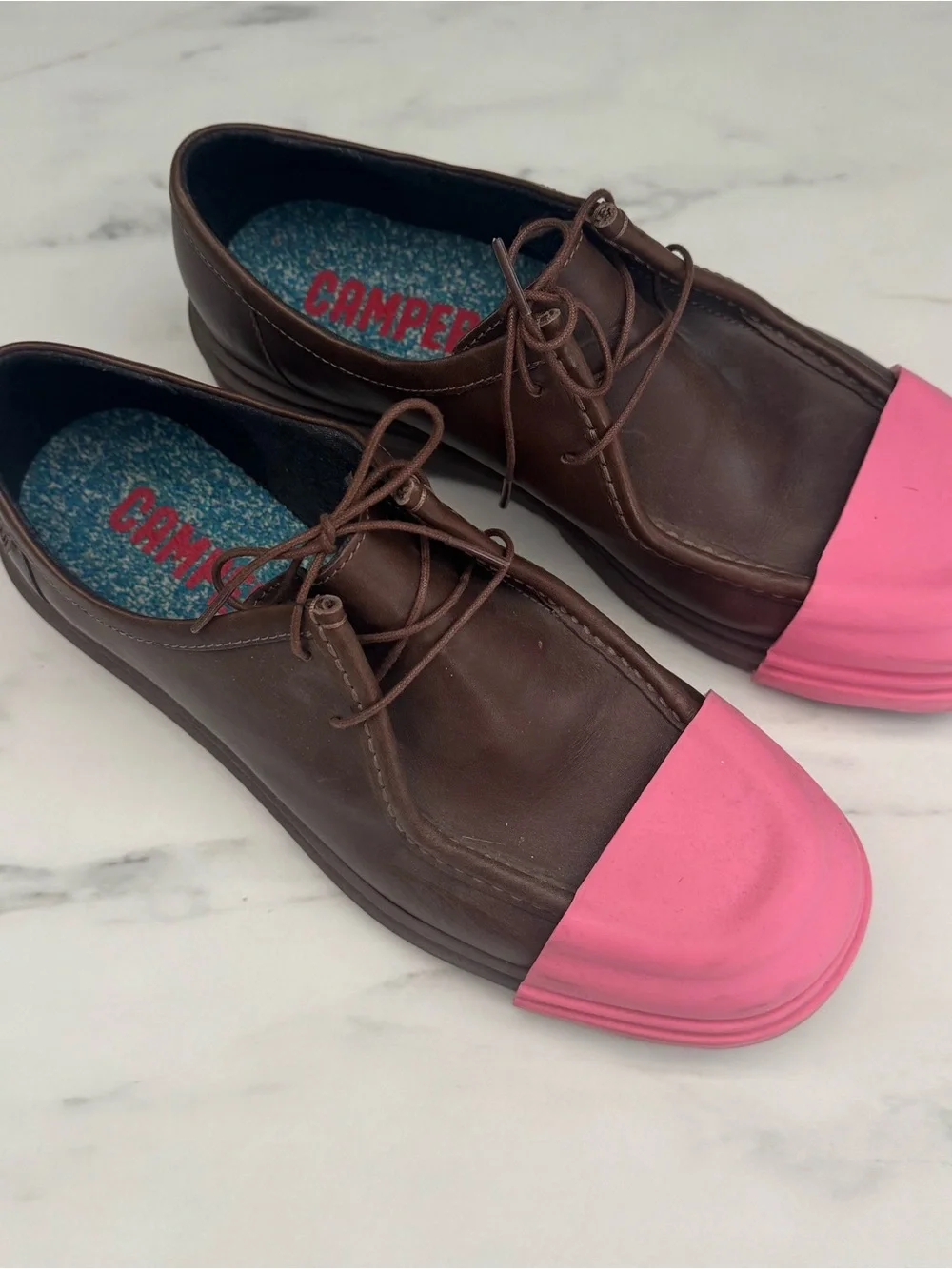 Camper Junction Brown Leather Shoes w/ Pink Removable Rubber Cap Toe – Size 10.5